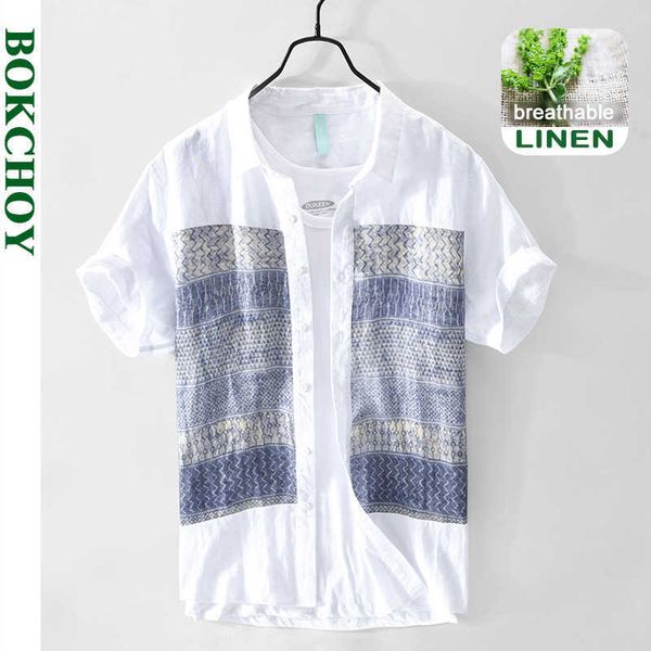 

spring and summer men casual stitching linen short-sleeved shirt beach style workwear ga-671 210721, White;black