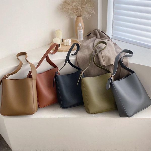 

evening bags vintage pu leather shoulder for women fashion large capacity crossbody women's solid color bucket handbag