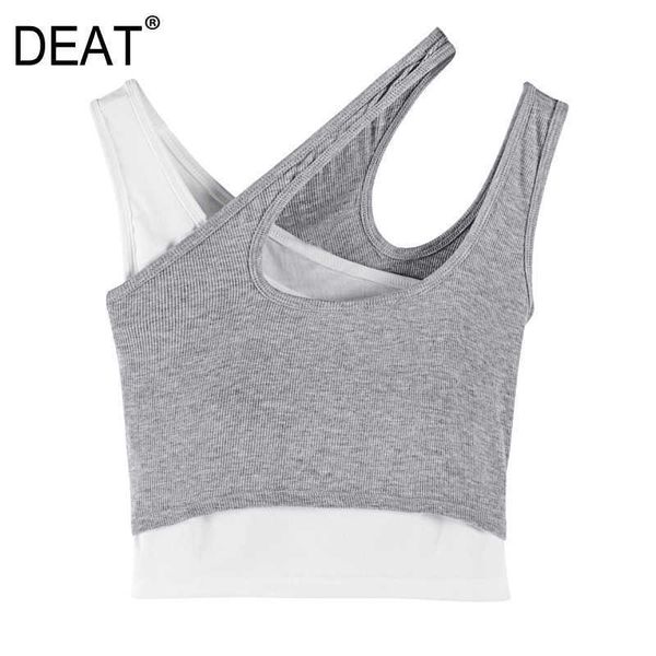 

[deat] spring summer fashion vest splicing asymmetric collar knitting personality women tank 13d160 210527, White