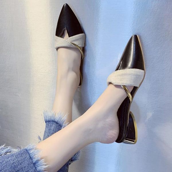 

slippers ladies pointed toe flat half shoes sub-size 34-39 fashion brand designer sandals, Black