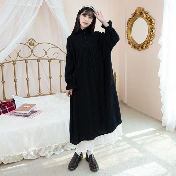 

casual dresses coigarsam french style loose women dress vintage puff sleeve black white backing 8021, Black;gray