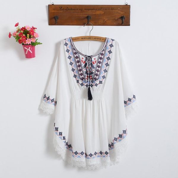 

women's blouses & shirts summer 2021 fashion women embroidery batwing boho shirt short sleeve o-neck loose blouse, White