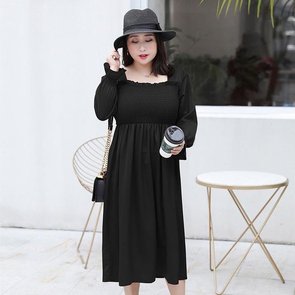 

casual dresses women's spring french pure color fang ling crinkled dress plus size calf length 100 kg can wear, Black;gray
