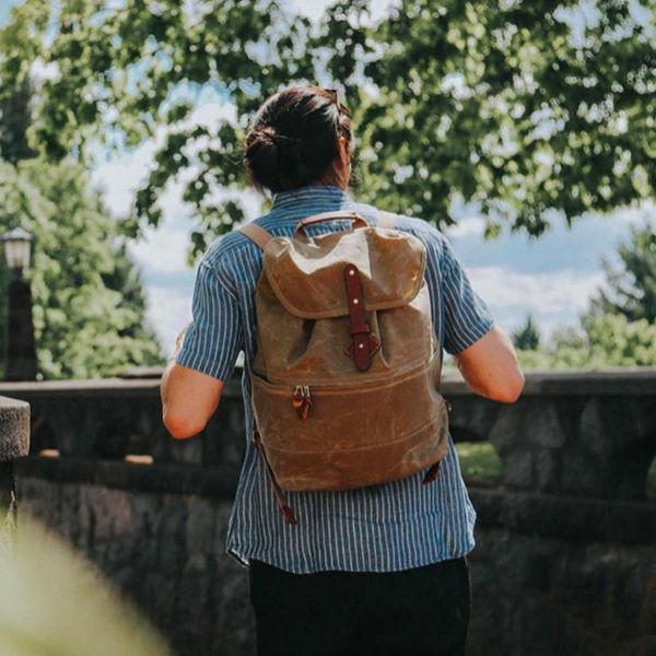 

backpack oil wax canvas men travel laplarge capacity drawstring