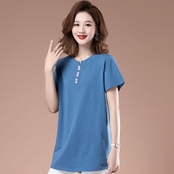 

women's t-shirt round neck short sleeve solid cotton stretch female casual fashion autumn summer buttons pullovers 2021, White