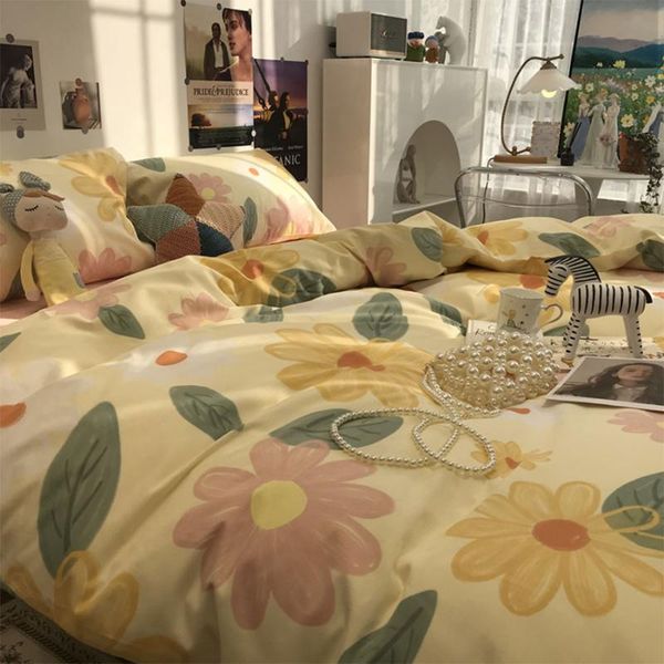 

bedding sets pastoral sweet yellow pink flower set,lovely cotton twin full  king home textile bed sheet pillow case duvet cover