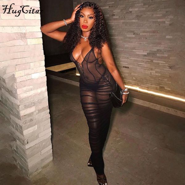 

casual dresses hugcitar 2021 sleeveless straps see-through backless bodycon pleat dress summer women streetwear party club clothing y2k, Black;gray