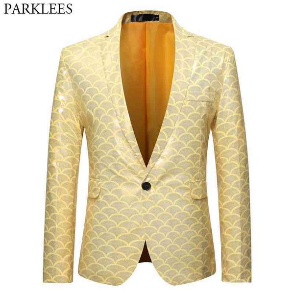 

shiny gold fish scale glitter suit jacket men one button slim fit yellow dress blazers mens party stage prom blazer masculino 210522, White;black