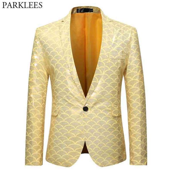 Shiny Gold Fish Scale Glitter Anzug Jacke Männer One Button Slim Fit Gelb Kleid Blazer Herren Party Bühne Prom Blazer masculino 210522