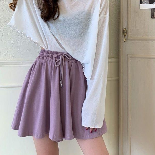 

skirts foufurieux women summer shorts casual loose wide leg elastic waist vintage short culotte plus size female harajuku skirt, Black