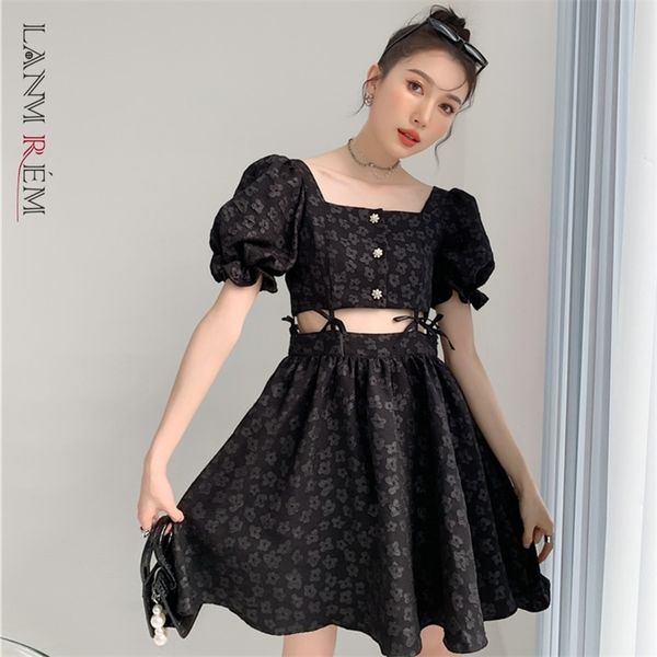 

women hollow out dress square neck puff sleeve black printed dresses temperament fit fashion summer 2h619 210526, Black;gray