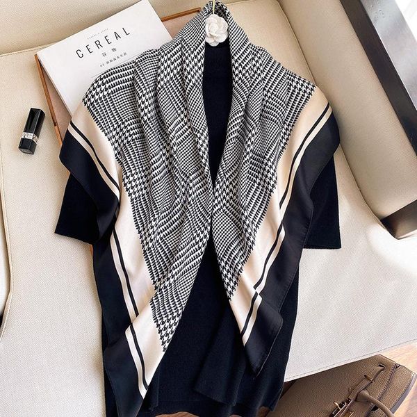 

scarves design plaid women silk square scarf for neck hijab headband shawl wraps female foulard bandana large tie 2021, Blue;gray
