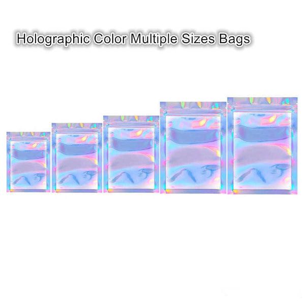 

arrival holographic color multiple sizes resealable smell proof bags foil pouch bag flat bag for party favor food storage