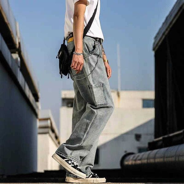 

men's pants de brim dos homens do moda seagem lavado cor slida reta calas casual homem streetwear hip hop roupas masculinas soltas qiii, Black