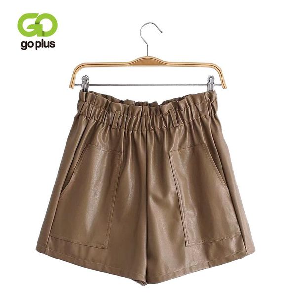 

women's shorts goplus 2021 autumn pu leather female high waist wide leg loose elastic pockets ladies causal c6583, White;black