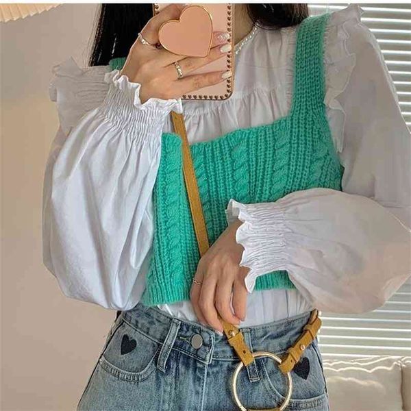 

woman white knitting sling vest o neck ruffle puff long sleeve shirt two-piece sets female spring sweet suit 210519