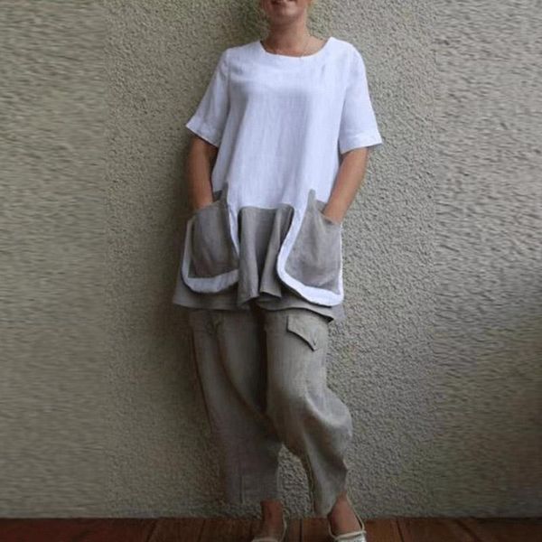 

women's two piece pants summer short sleeve patchwork pocket 2 pcs set 5xl spring cotton linen women sets elegant o neck pullover + loo, White