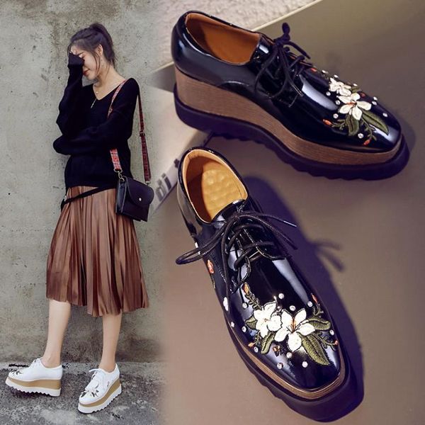 

dress shoes slope high-heeled women's embroidered rivet patent leather square head thick-soled with, Black