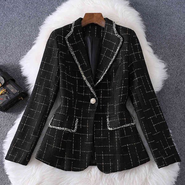 

women's suits & blazers fall winter long sleeve notched-lapel black plaid tweed panelled single-breasted elegant casual outwear coats, White;black