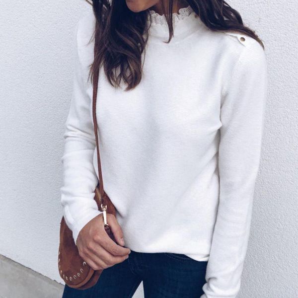 

lace patchwork ruffles o neck shoulder buckle elegant pullover autumn winter knit sweater women grey white casual female women's sweat, White;black