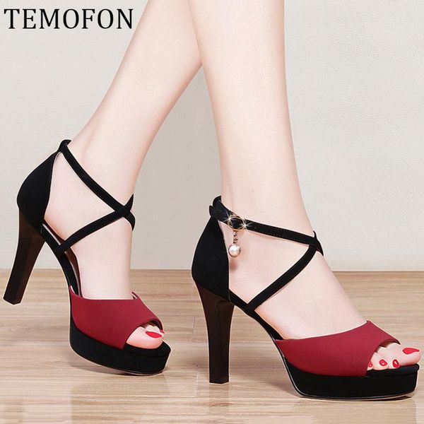 

dress shoes temofon women sandals platform chunky high heels open toe summer with stap sandalia plataforma hvt781, Black