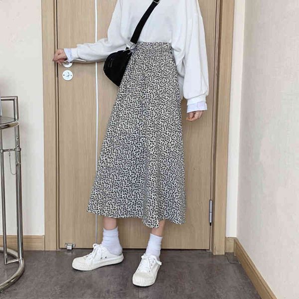 

Skirts Elegant Print A-line Spring Women Streetwear Elastic Waist Midi Skirt Q177, Black