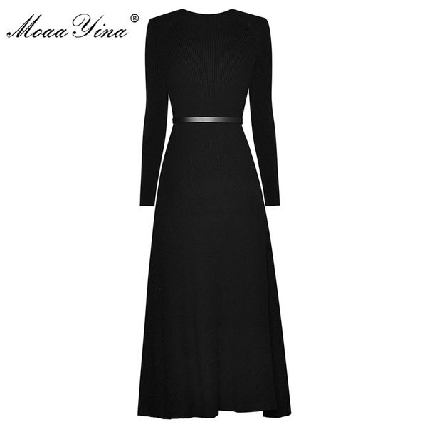 

2021moaayina fashion designer dress spring autumn womens dress sashes knitting long sleeve patchwork pleated dresses, Black;gray
