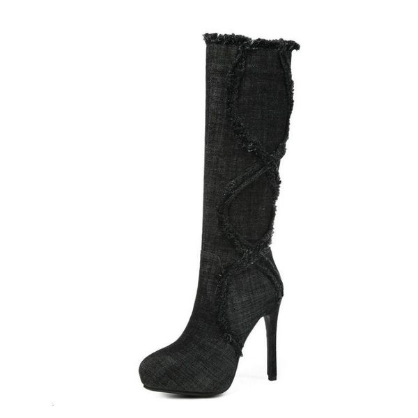 

boots esveva platform women knee-high denim thin high heels pointed toe winter shoes elegant long woman 34-43 hrhm, Black