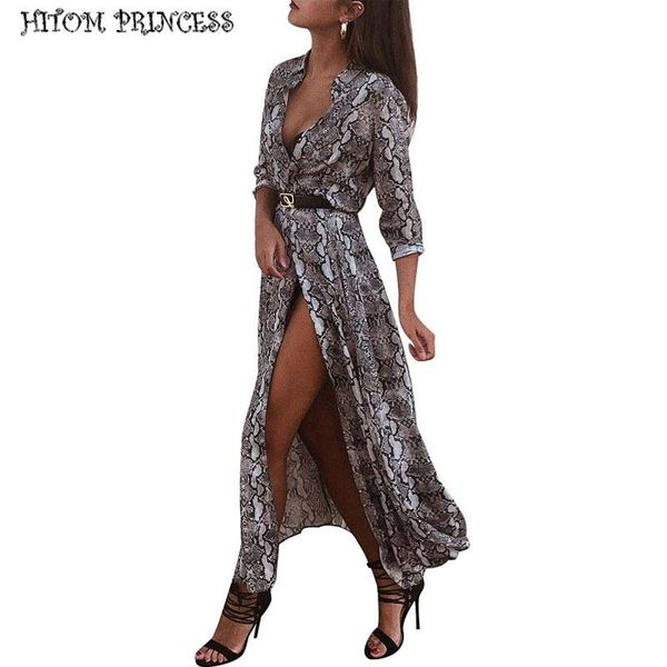 

casual dresses hitom princess snake print maxi dress women buttons shirt long sleeve split vintage autumn winter vestidos, Black;gray
