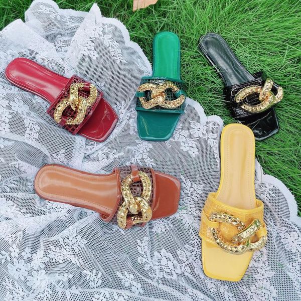 

slippers summer outdoor retro gold chain flast for women, Black