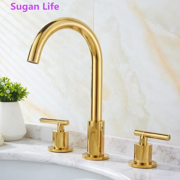 

bathroom sink faucets sugan life widespread basin brass golden 3 hole double handle and cold deck mounted water tap