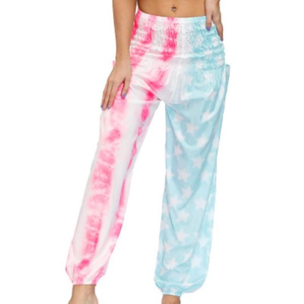 

yoga outfit womens smocked waist hippie pants bohemian tie-dye rainbow striped print harem trousers palazzo casual loose loungewear