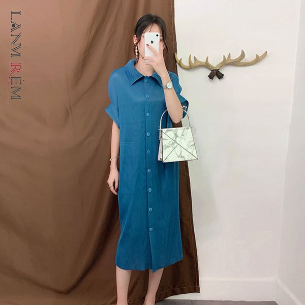 

women dress lapel short batwing sleeve single breasted loose large size dresses pleated summer 2h241 210507, Black;gray