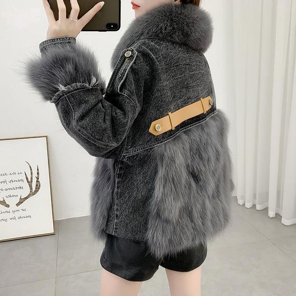 

women's fur & faux winter women denim jacket with parka real coat style 100% natural female 2021, Black