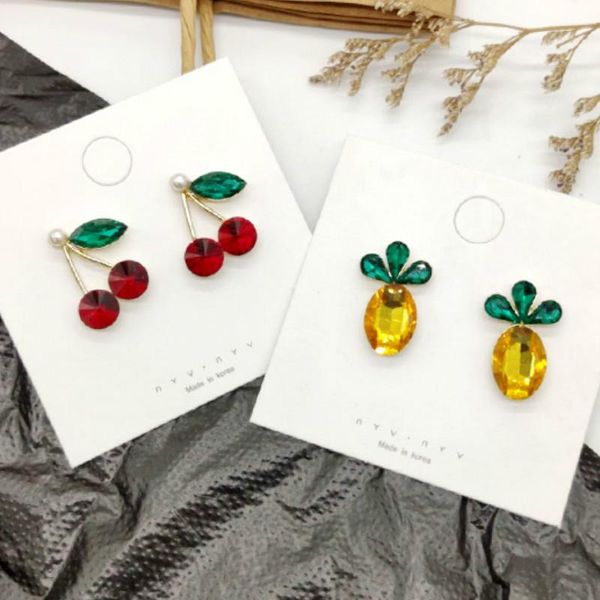 

korea style ins crystal pineapple cute cherry color fruit stud earrings for women girl fashion jewelry accessories, Golden;silver