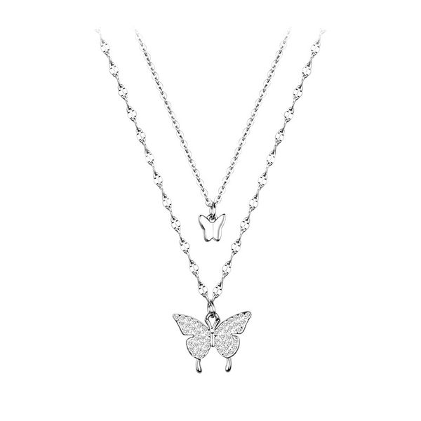 

butterfly double layer chains necklaces for women gilrs rhinestone animal wings pendants chokers necklace fashion jewelry, Silver