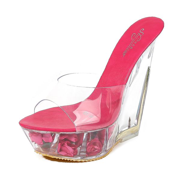 

hoksvzy super high heel cool slipper transparent special-shaped crystal slipper waterproof platform 15cm wedges women sandal ty57fh68, Black