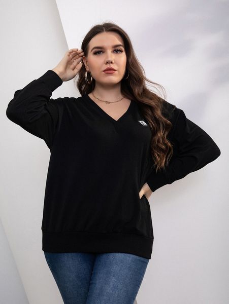 

plus letter patched detail drop shoulder sweatshirt 30kj#, Black