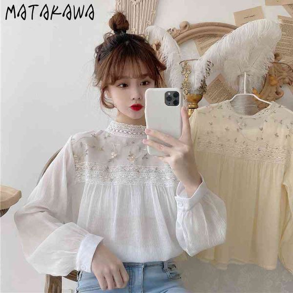 

matakawa elegant lace stand collar blouse hollow out floral embroidery shirt feminine blouses women long sleeve shirt 210513, White