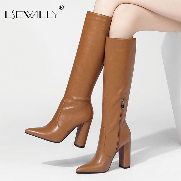 

boots lsewilly women zip thick high heels ladies knee fashion solid color winter office female 2021, Black