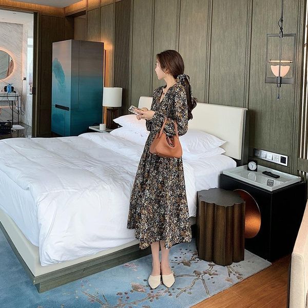 

casual dresses korean autumn chiffon long dress women 2021 marble floral printed vintage chic retro sleeve v neck slim fit vestido, Black;gray