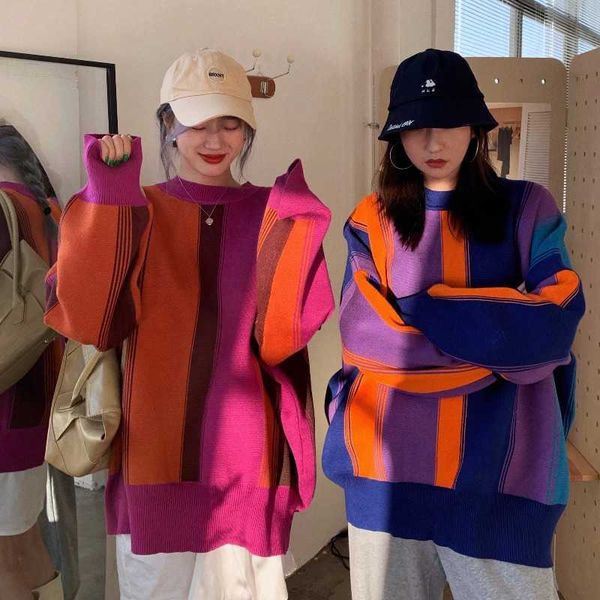 

werueruyu autumn winter women casual loose sweaters color matching design o-neck long sleeve pullovers fashion 210608, White;black