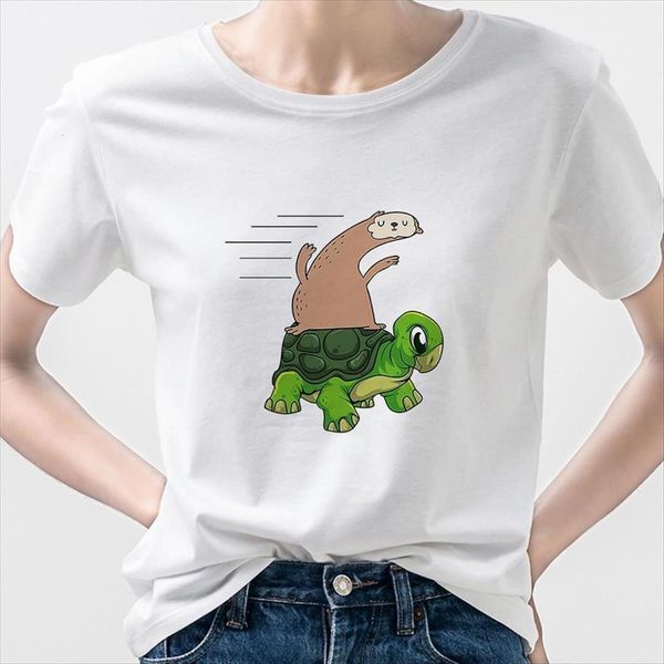 

sloth and tortoise funny women t shirt summer arrivals ulzzang cartoon fashion short sleeve ropa tumblr mujer spain, White