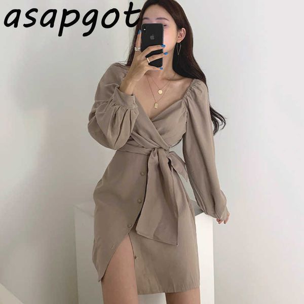 

chic minimalism korean elegant slim a line v neck lace up bow dress women mini vintage casual plus size single breasted bandage 210610, Black;gray