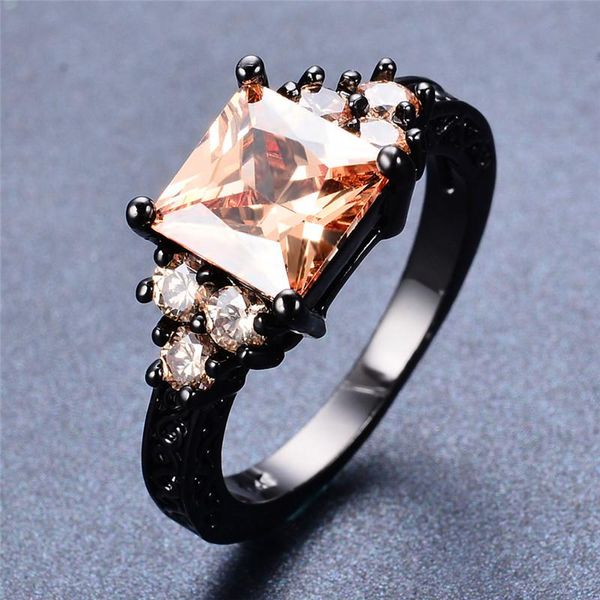

wedding rings luxury female champagne crystal stone ring vintage 14kt black gold for women charm square zircon engagement, Slivery;golden