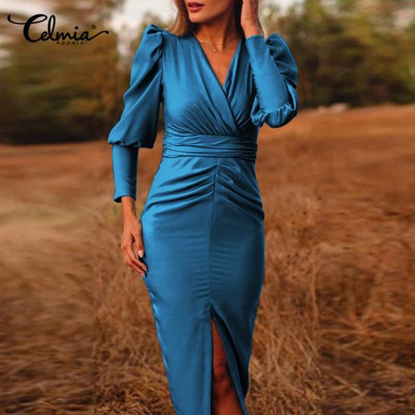 

celmia elegant puff sleeve party dress 2021 women slit hem stain vestidos robe solid v neck pleated bodycon sundress plus size casual dresse, Black;gray