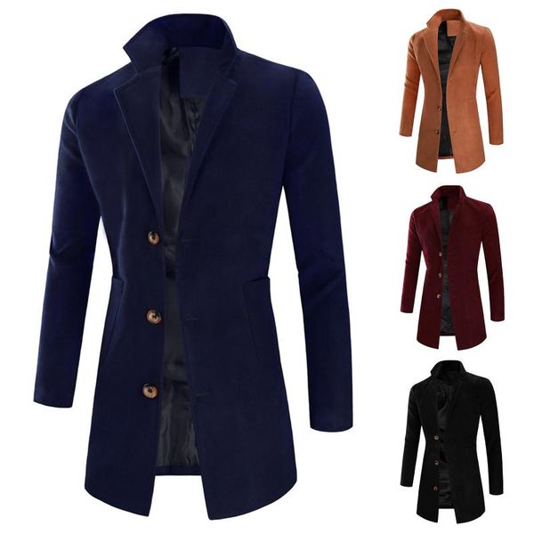 

mens trench coats plus size autumn winter casual medium length windbreaker stand collar single breasted wool coat thickened jacket outwear w, Tan;black