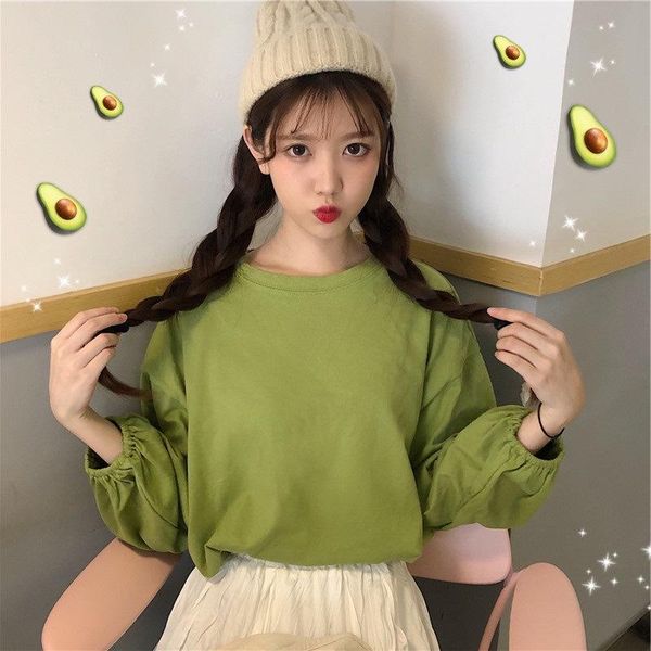 

spring and autumn short korean version of solid color long-sleeved t-shirt women's bottoming shirt, White