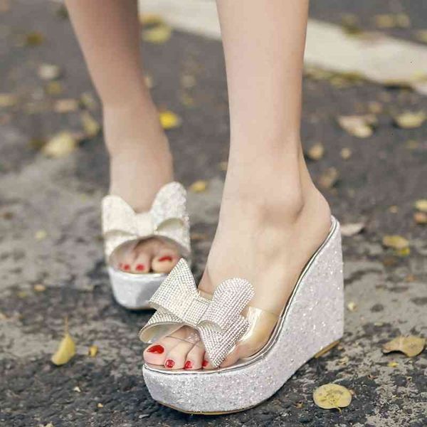 

flip flop weed heels man-made diamond bow transparent slanted thick bottomed high heel shoes women's slippers, Black