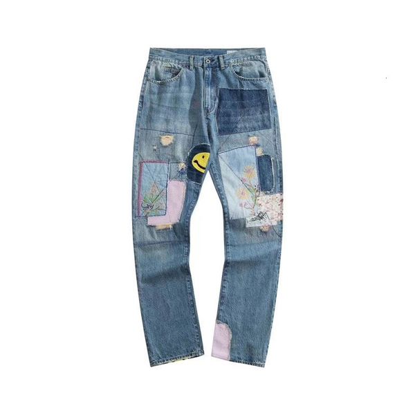

kapital hirata and hiro embroidery wash old hole stitching straight loose jeans men's pants high street, Blue